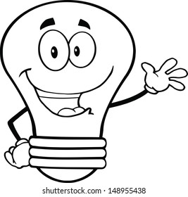 Outlined Light Bulb Cartoon Mascot Character Waving For Greeting