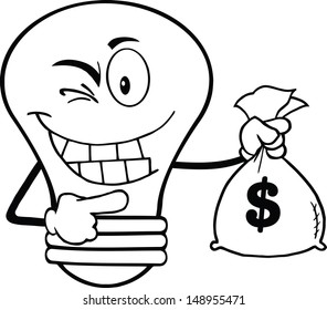 Outlined Light Bulb Cartoon Mascot Character Holding A Bag Of Money