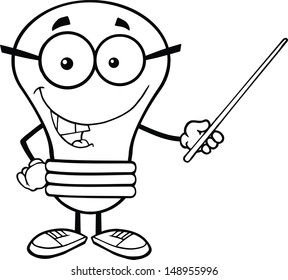 Outlined Light Bulb Character With Glasses Holding A Pointer