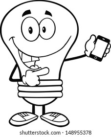 Outlined Light Bulb Character Holding A Mobile Phone
