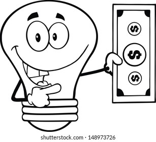 Outlined Light Bulb Character Showing A Dollar Bill