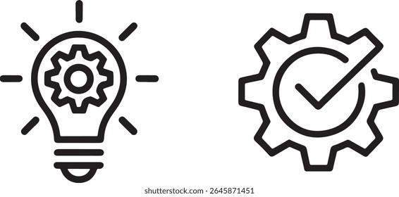 Outlined Lightbulb with Gear and Gear with Checkmark representing Innovation, Technology, Problem Solving, Progress, Efficiency, and Solutions