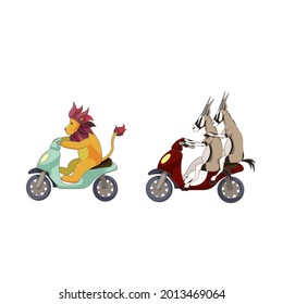 Outlined Lion and African gazelles on motorbikes also named scooters in Cartoon style, vector Antelopes and Lion driving motorcycles on white isolated background for prints, patterns, stickers, icons.