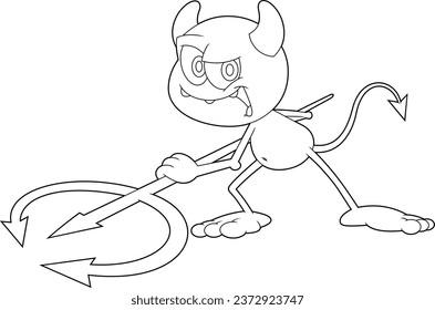 Outlined Little Devil Cartoon Character With Pitchfork. Vector Hand Drawn Illustration Isolated On Transparent Background