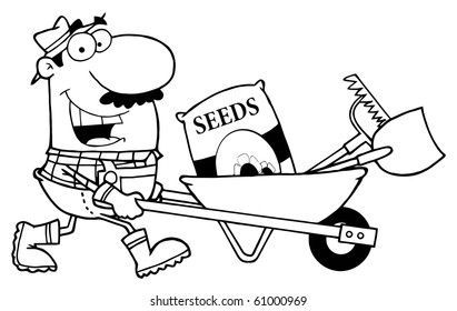 Outlined Male Landscaper Pushing Seeds, A Rake And Shovel In A Wheelbarrow