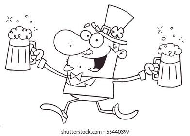 Outlined Male Leprechaun Running With Beers