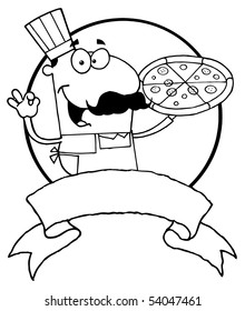 Outlined Male Pizzeria Chef Holding A Pizza With A Blank Label And Circle
