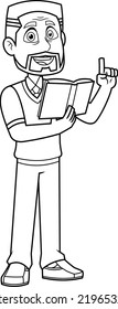 Outlined Male Teacher Cartoon Character Read From A Textbook And Pointing. Vector Hand Drawn Illustration Isolated On Transparent Background