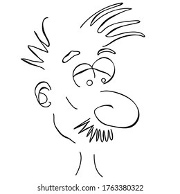 Outlined man with moustache print isolated on white. Vector illustration of man for avatar, print, sticker, icon, logo, cover design. 