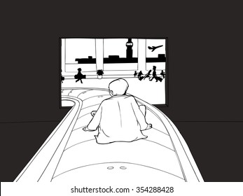 Outlined man seated on carousel as baggage in airport