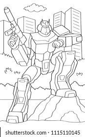 Hombre esquilmado en armadura de transformación aislado en fondo blanco. Imagen vectorial del robot protector en la ciudad. Libro de colorear. Una pose ciborg con pistola. 