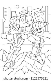 Hombre esquilmado en armadura de transformación aislado en fondo blanco. Imagen vectorial del robot protector en la ciudad. Libro de colorear. Una pose ciborg con una pistola grande. 