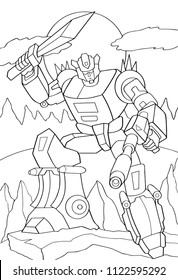 Outlinetarier in Transformationsrüstung einzeln auf weißem Hintergrund. Vektorgrafik von Protektorroboter. Farbbuch. Cyborg mit einem Schwert und einer Laserpistole.