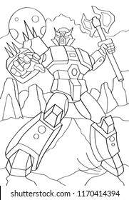 Hombre esquilmado en armadura de transformación aislado en fondo blanco. Dibujo vectorial del robot protector. Libro de colorear. Pon ciborg con hacha. 