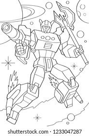 Outlined man in transformation armor isolated on white background. Vector illustration of protector robot in cosmos. Coloring book. Cyborg pose with weapons.