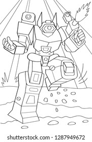 Hombre esquilmado en armadura de transformación aislado en fondo blanco. Imagen vectorial del robot soldado. Libro de colorear. Una pose ciborg con arma de fuego. 

