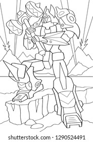 Hombre esquilmado en armadura de transformación aislado en fondo blanco. Dibujo vectorial del robot protector con martillo grande en la mano. Libro de colorear. Ciborg en una pose en el campo de batalla.