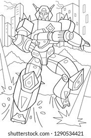 Outlined man in transformation armor isolated on white background. Vector illustration of protector robot in the ruin city. Coloring book. Cyborg pose with big gun.