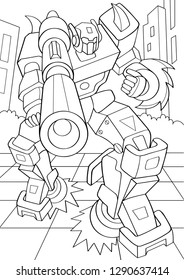 Outlined man in transformation armor isolated on white background. Vector illustration of protector robot. Coloring book. Cyborg with big gun and saw on hands standing in a pose around the ruined city