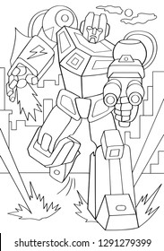 Hombre esquilmado en armadura de transformación aislado en fondo blanco. Imagen vectorial del robot protector en la ciudad. Libro de colorear. Pase ciborg con pistola y láser.