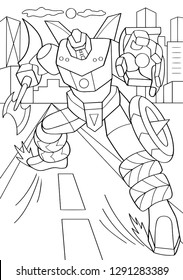 Hombre esquilmado en armadura de transformación aislado en fondo blanco. Dibujo vectorial del robot protector. Libro de colorear. La pose del ciborg con un hacha grande en la mano protege la ciudad

