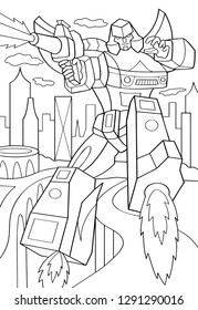 Outlined man in transformation armor isolated on white background. Vector illustration of protector fly robot in city. Coloring book. Cyborg pose with laser gun. 