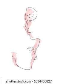 Outlined man and woman face silhouettes over white. Vector illustration