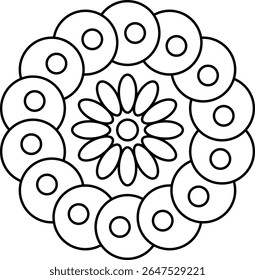 Outlined Mandala Flower Circle Design Isolated on White Background