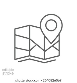 Outlined Map with Location Marker Icon Thin Line Editable Stroke Symbol for GPS and Direction Use