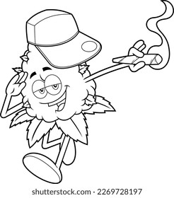 Outlined Marijuana Bud Cartoon Character With Joint Salute. Vector Hand Drawn Illustration Isolated On Transparent Background
