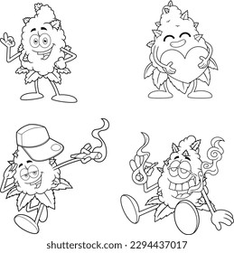 Outlined Marijuana Bud Cartoon Characters Smoking A Joint. Vector Hand Drawn Illustration Isolated On Transparent Background
