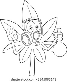 Cartoon-Charakter von Marijuana mit Gasmaske, die eine medizinische Glasflasche mit Cannabis-Öl hält. handgezeichnete Vektorgrafik einzeln auf transparentem Hintergrund