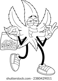 Caricatura De Hojas De Marihuana Esbozada Con Paquete Con Malezas Frescas De Cannabis. Ilustración dibujada a mano vectorial aislada en fondo transparente