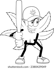 Outlined Marijuana Leaf Cartoon Character Baseball Player. Vector Hand Drawn Illustration Isolated On Transparent Background