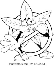 Personaje De Dibujos Animados De Hoja De Marihuana Esbozada En Un Signo Restringido Prohibido. Vector Dibujado A Mano Ilustración Aislado Sobre Fondo Transparente