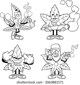 Caracteres de caricatura de hojas de marihuana esbozados. Conjunto De Colección De Dibujo A Mano Del Vector Aislado En Fondo Blanco