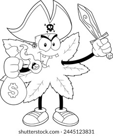 Outlined Marijuana Leaf Pirate Cartoon Character With Money Bag And Sword. Vector Hand Drawn Illustration Isolated On Transparent Background