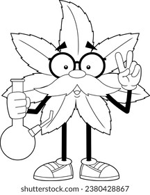 Caricatura Del Profesor De Marihuana Esbozada Con Un Bong Y Una Señal De La Mano De La Paz. Ilustración dibujada a mano vectorial aislada en fondo transparente
