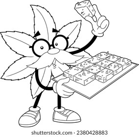 Outlined Marijuana Leaf Professor Cartoon Character Showing Best Cannabis Cake. Vector Hand Drawn Illustration Isolated On Transparent Background