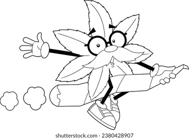 Dargestellt Marijuana Leaf Professor Cartoon Charakter Flying On Marijuana Cannabis Zigarette. handgezeichnete Vektorgrafik einzeln auf transparentem Hintergrund