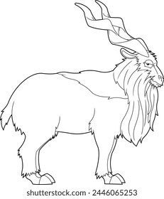 Outlined Markhor Animal Cartoon Character. Vector Hand Drawn Illustration Isolated On Transparent Background