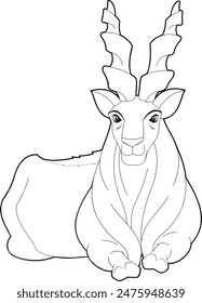 Outlined Markhor Animal Cartoon Character Laying Down. Vector Hand Drawn Illustration Isolated On Transparent Background