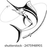 Outlined Marlin Fish Fishing Graphic Logo Design. Vector Hand Drawn Illustration Isolated On Transparent Background