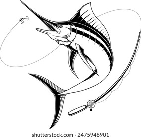 Outlined Marlin Fish Fishing Graphic Logo Design. Vector Hand Drawn Illustration Isolated On Transparent Background