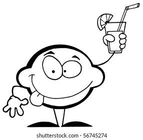 Outlined Mascot Cartoon Lemon Holding A Glass With Lemonade