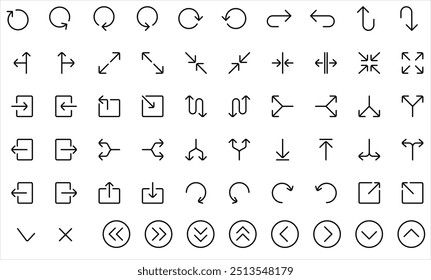 Iconos de flecha de diseño de material delineado para símbolos de interfaz de usuario salir, entrar, redondo, círculo conjunto de iconos de flecha.