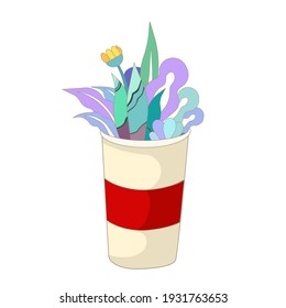 Outlined meadow flora in coffee paper cup on white isolated background, Cartoon flowers and herbs with a paper cup for prints, stickers, postcards and booklets, also icons for apps and websites.