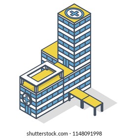 Outlined medical isometric building illustration. Blue and yellow pharmacy pictogram, clinic hospital. Flatten isolated master vector