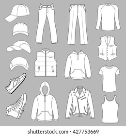 Outlined menswear, headgear & shoes season collection, vector illustration isolated on grey background