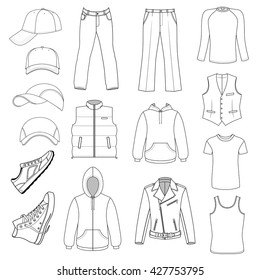 Outlined menswear, headgear & shoes season collection, vector illustration isolated on white background